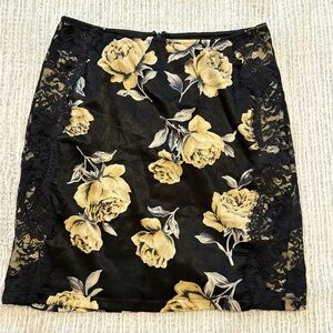 TOBI Black and Yellow Floral Lace and Satin Skirt
